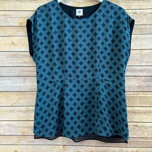 CAbi Foulard Top Women’s Size Small Blue Diamond Print Peplum Style 3274